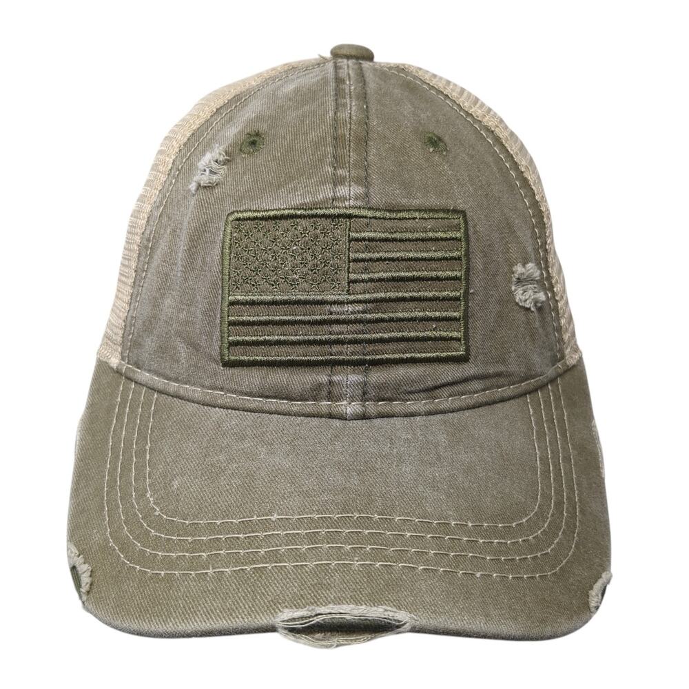 USA Flag Ponytail Trucker Hat Brown One Size Adjustable Mesh Back C.C Exclusives